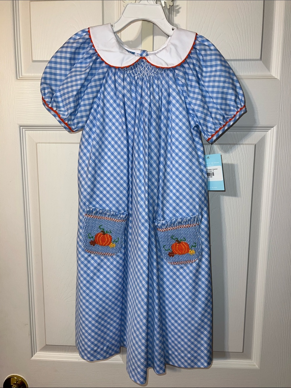 Blue Gingham Smocked Pumpkin Pocket Girls Dress